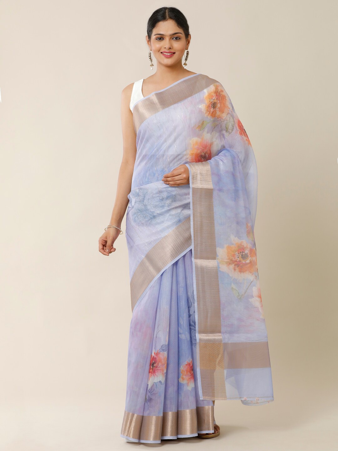 

SAMITTE Lavender & Peach-Coloured Floral Zari Saree