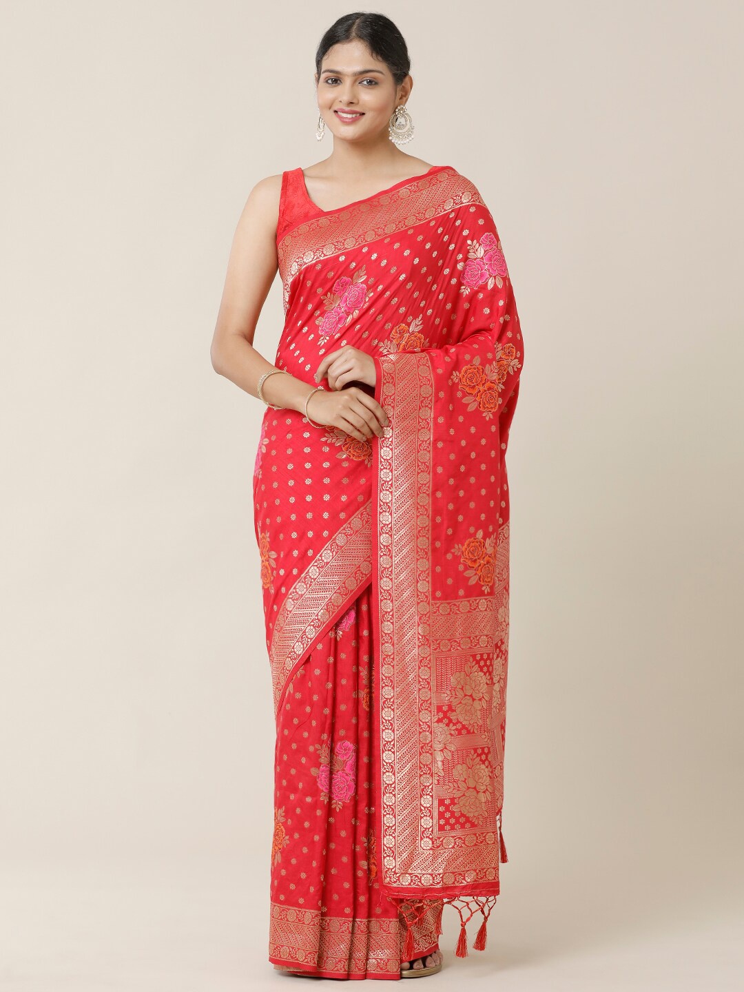 

SAMITTE Red & Gold-Toned Woven Design Zari Banarasi Saree
