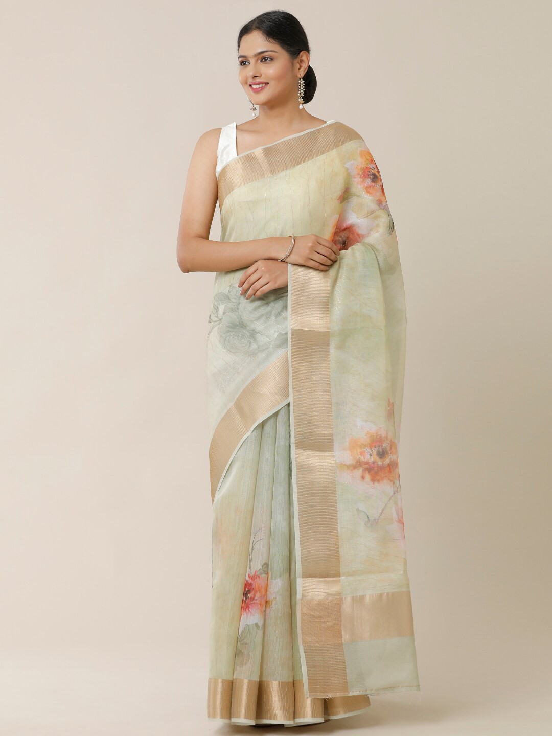 

SAMITTE Olive Green & Peach-Coloured Floral Zari Saree