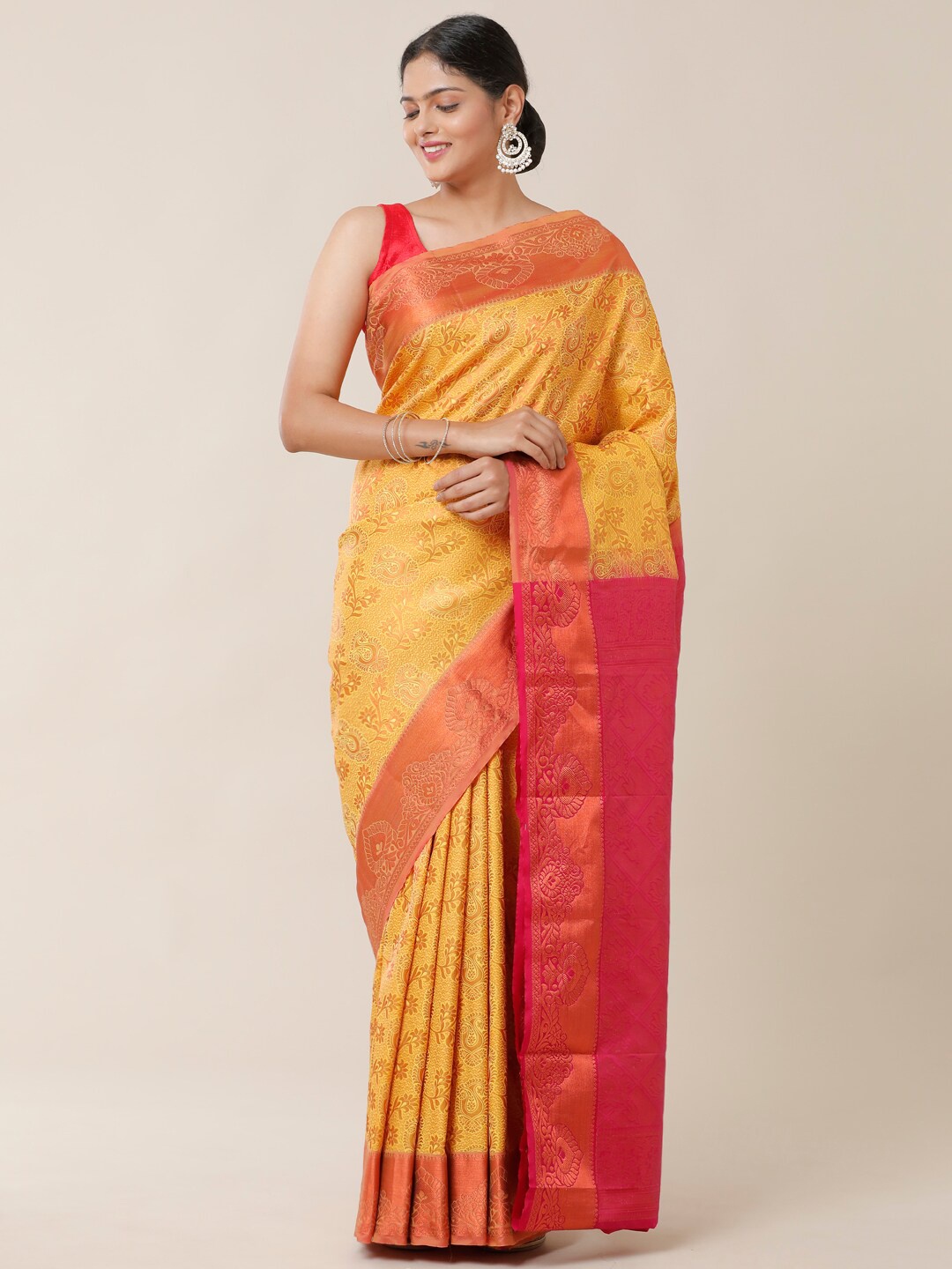 

SAMITTE Yellow & Red Woven Design Zari Silk Blend Dharmavaram Saree