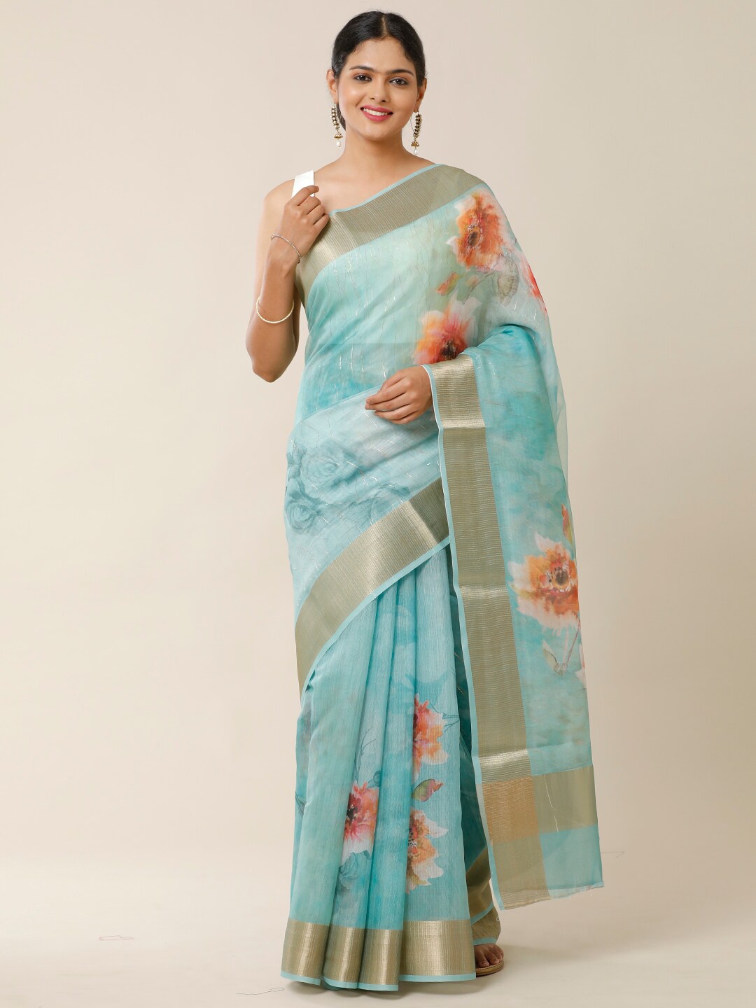

SAMITTE Blue & Peach-Coloured Floral Zari Saree