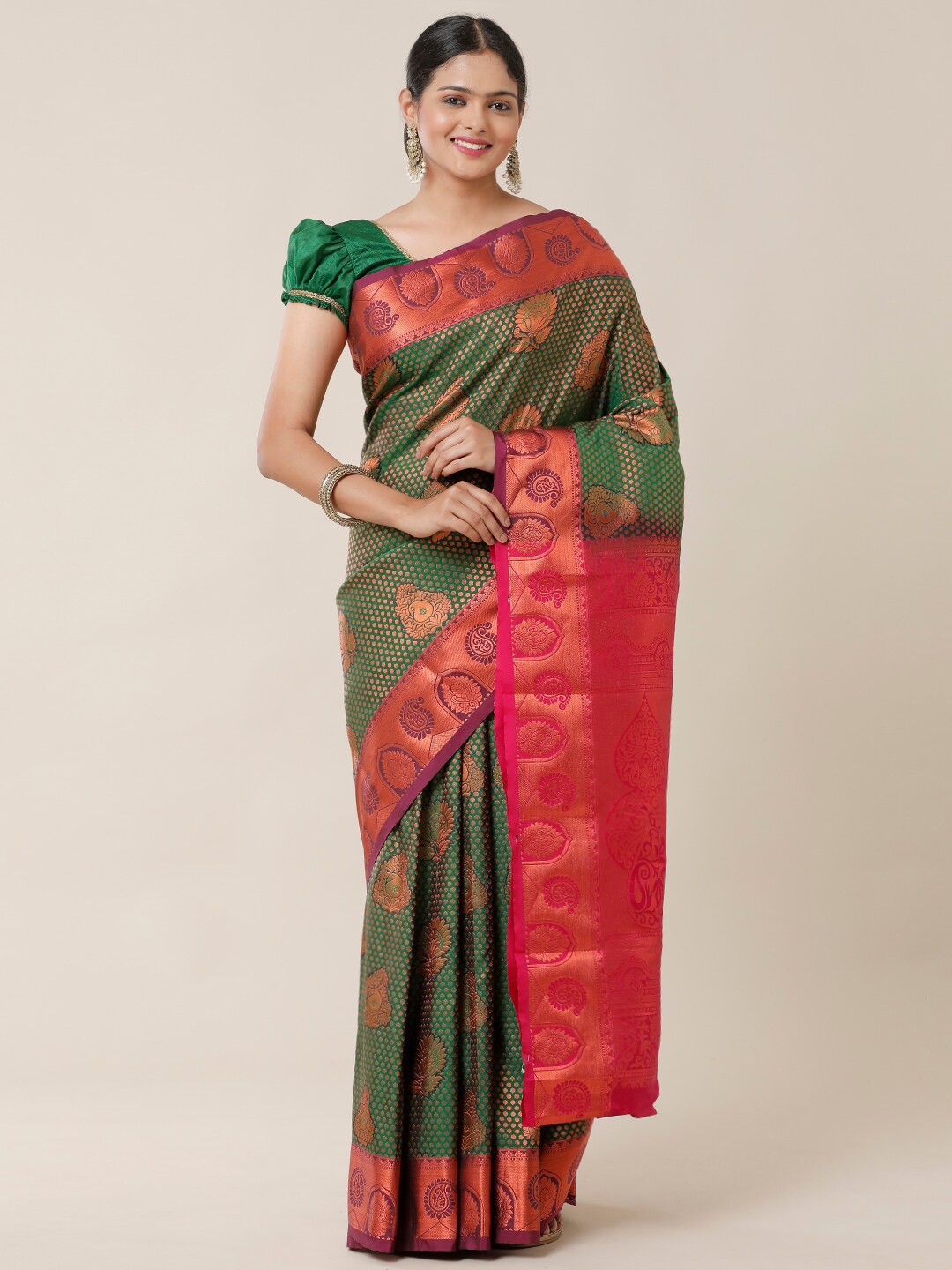 

SAMITTE Green & Red Woven Design Zari Silk Blend Dharmavaram Saree