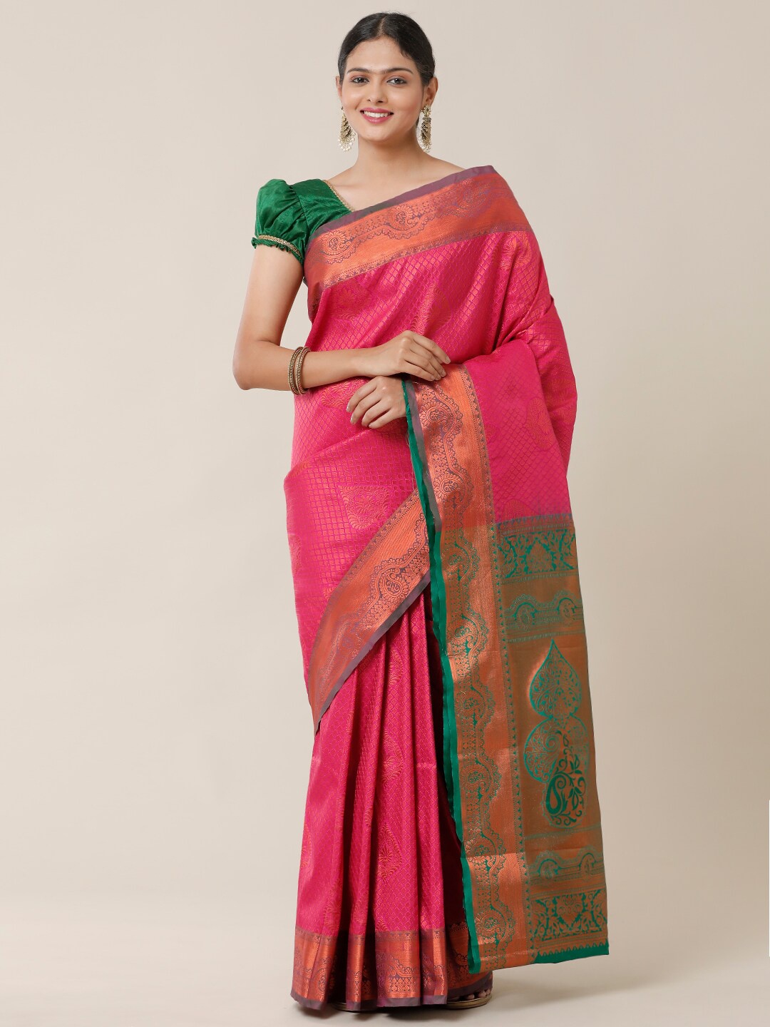 

SAMITTE Pink & Green Woven Design Zari Silk Blend Dharmavaram Saree