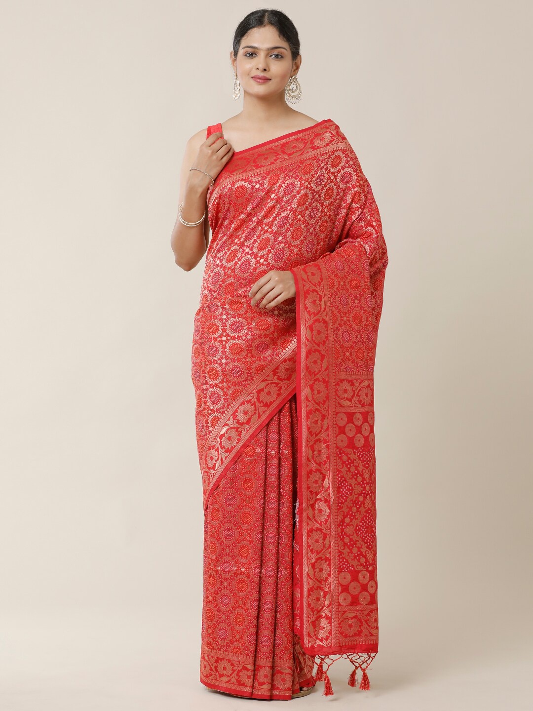 

SAMITTE Red & Gold-Toned Woven Design Zari Bandhani Saree