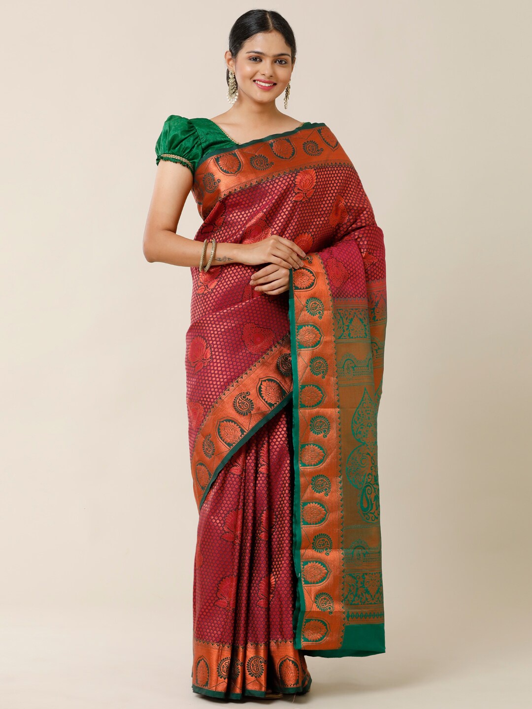 

SAMITTE Magenta & Green Woven Design Zari Silk Blend Dharmavaram Saree
