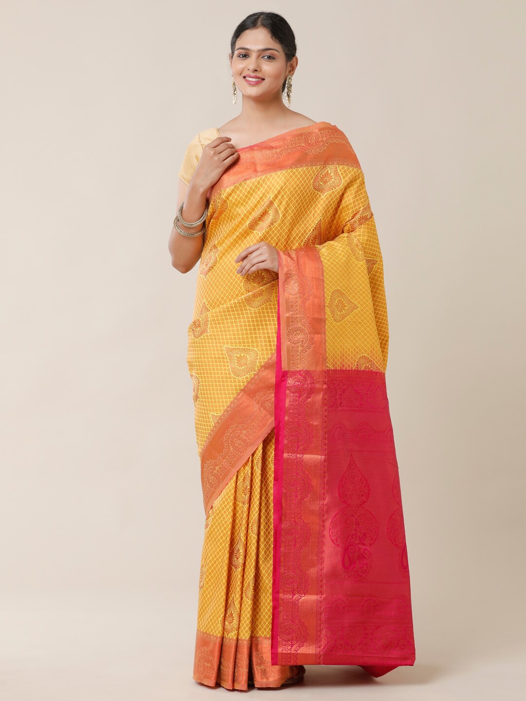 

SAMITTE Gold-Toned & Red Ethnic Motifs Zari Silk Blend Dharmavaram Saree