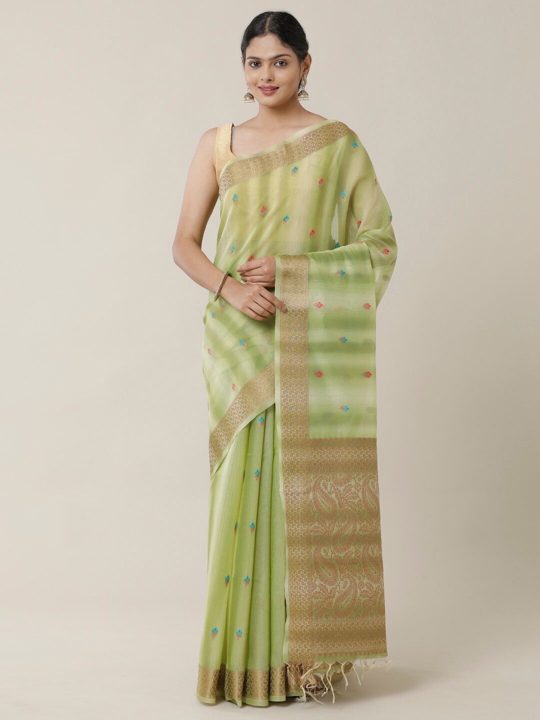 

SAMITTE Olive Green & Red Floral Zari Bhagalpuri Saree