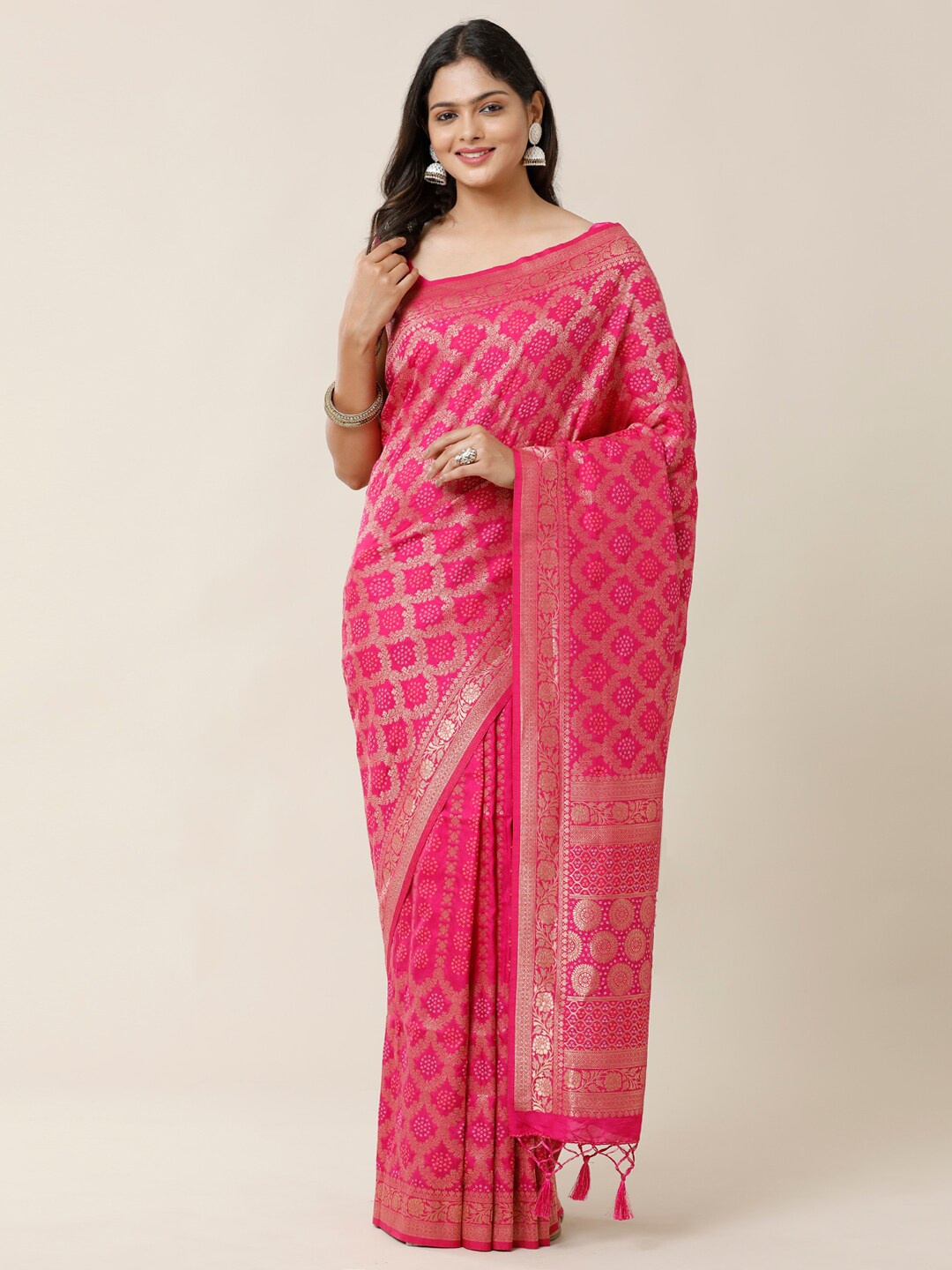 

SAMITTE Pink & Gold-Toned Ethnic Motifs Zari Bandhani Saree