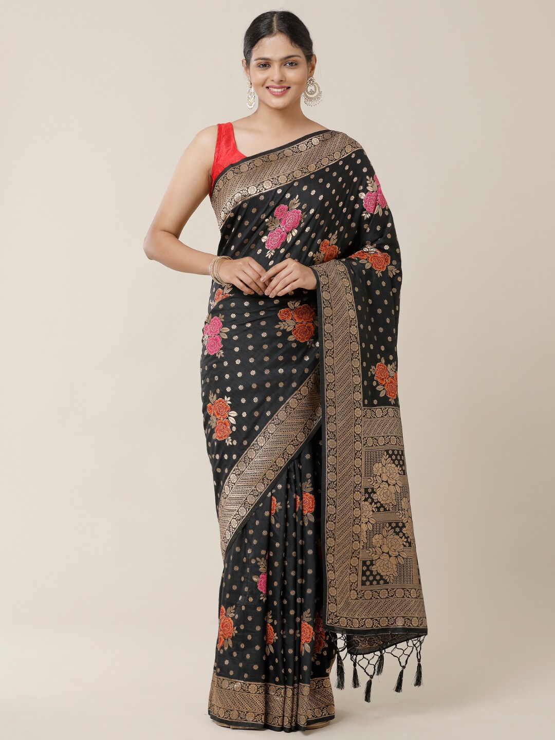 

SAMITTE Black & Pink Floral Zari Banarasi Saree