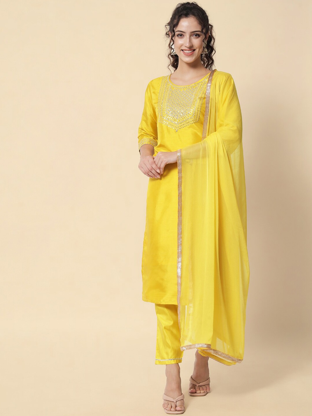 

VredeVogel Women Yellow Floral Embroidered Kurta with Trousers With Dupatta