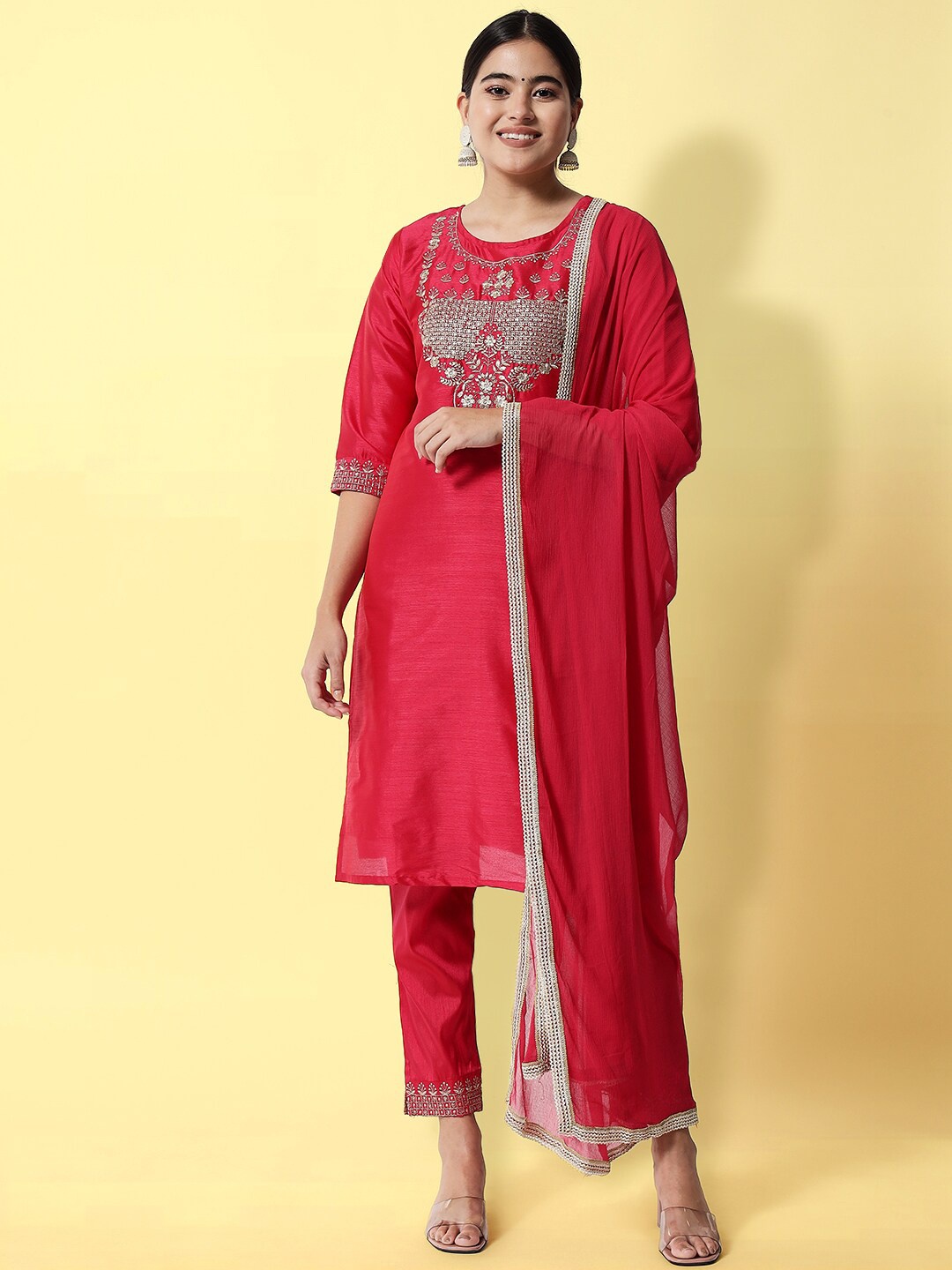 

VredeVogel Women Red Floral Embroidered Kurta with Trousers With Dupatta