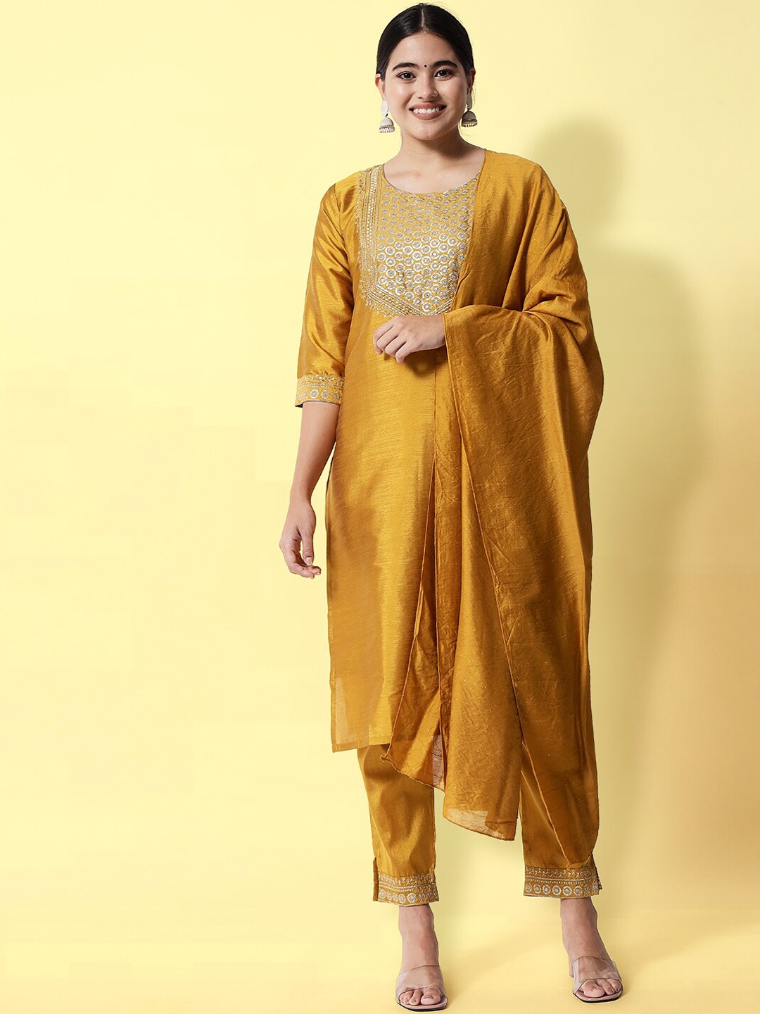 

VredeVogel Women Mustard Yellow Yoke Design Kurta with Trousers & With Dupatta