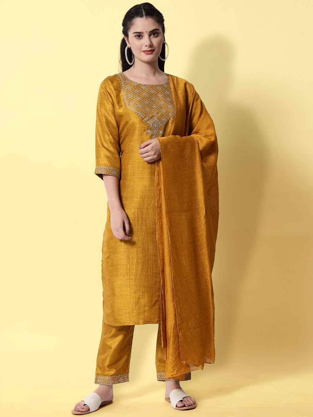 

VredeVogel Women Mustard Yellow Yoke Design Kurta with Trousers & With Dupatta