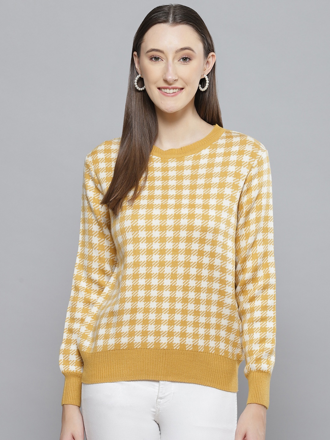 

Femella Women Yellow & White Checked Sweater
