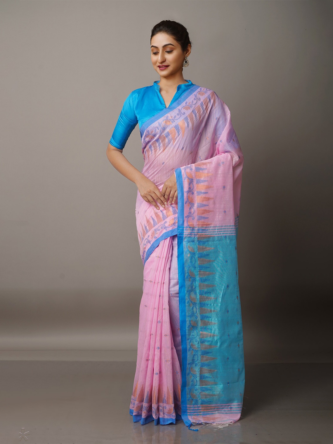 

Unnati Silks Pink & Blue Zari Silk Cotton Jamdani Saree