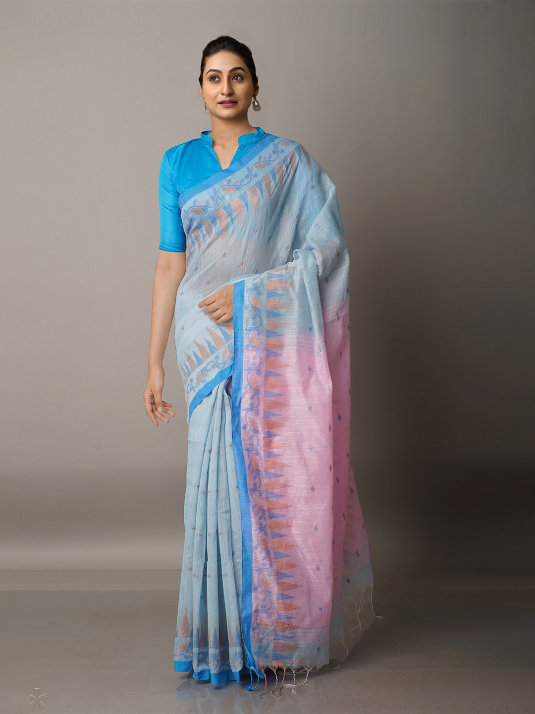 

Unnati Silks Blue & Pink Zari Silk Cotton Jamdani Saree