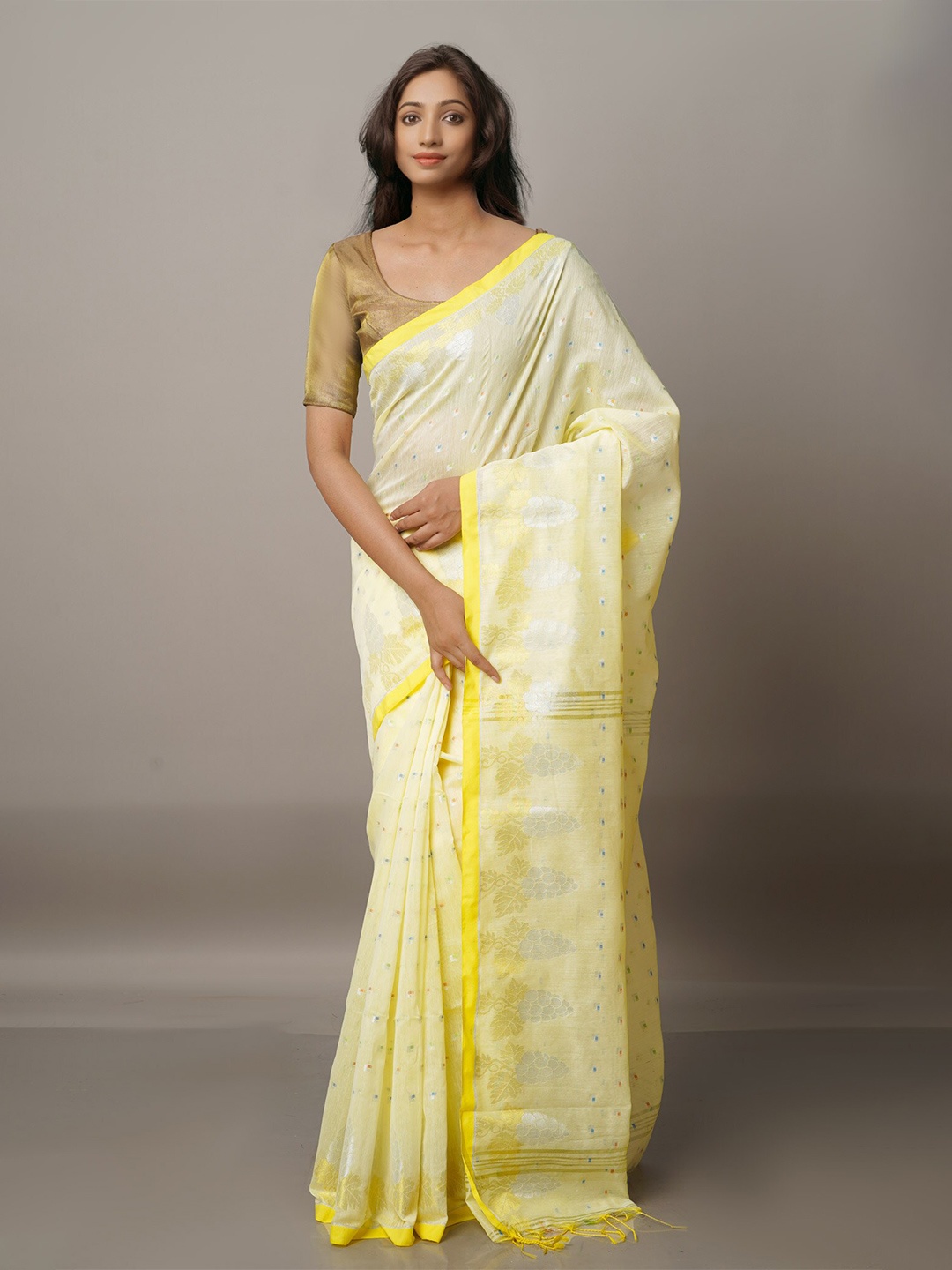 

Unnati Silks Cream-Coloured & Blue Woven Design Zari Silk Cotton Jamdani Saree