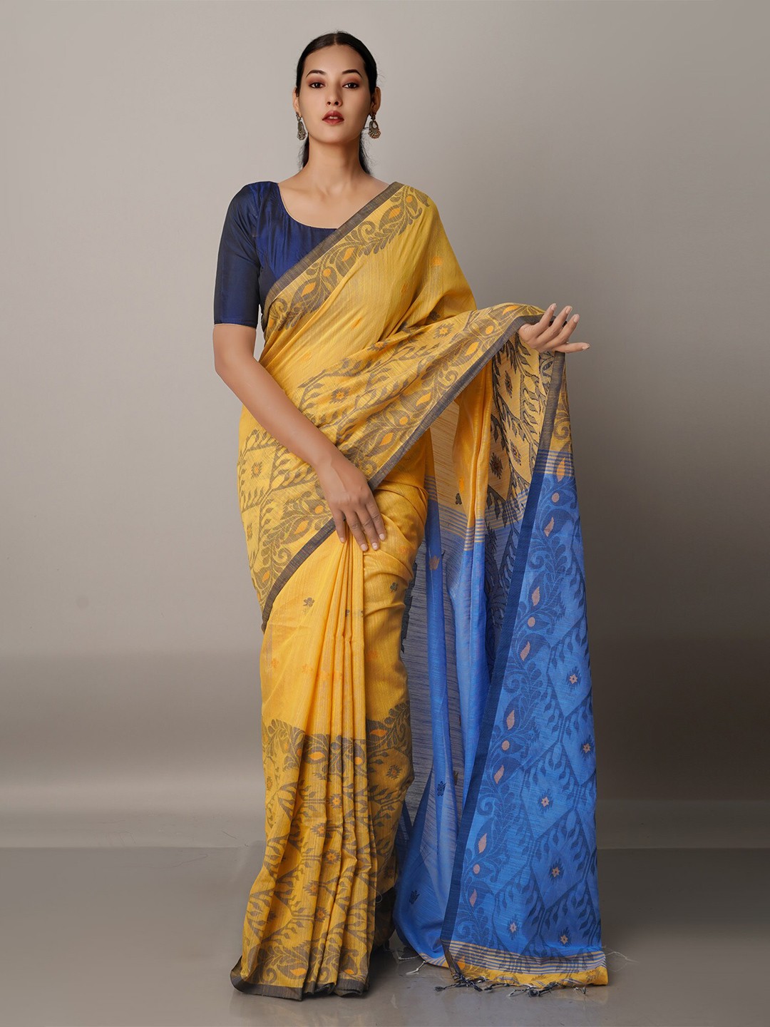 

Unnati Silks Yellow & Blue Woven Design Zari Silk Cotton Jamdani Saree