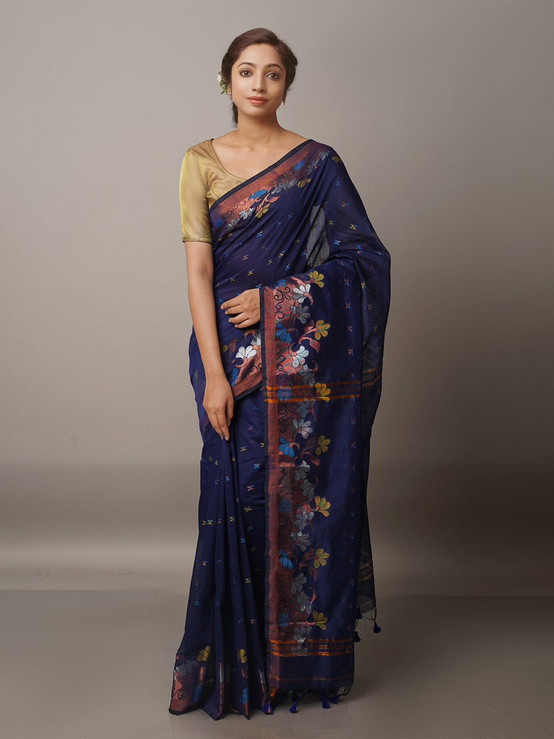 

Unnati Silks Navy Blue & Silver-Toned Woven Design Zari Silk Cotton Jamdani Saree