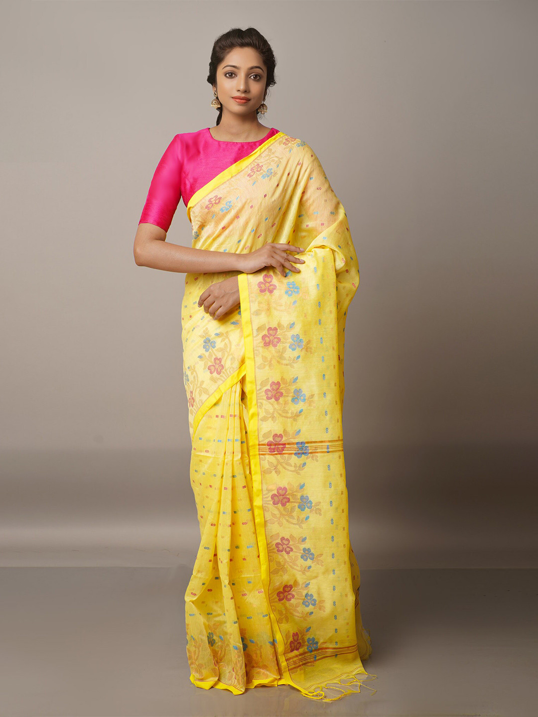 

Unnati Silks Yellow & Red Woven Design Handloom Jamdani Saree