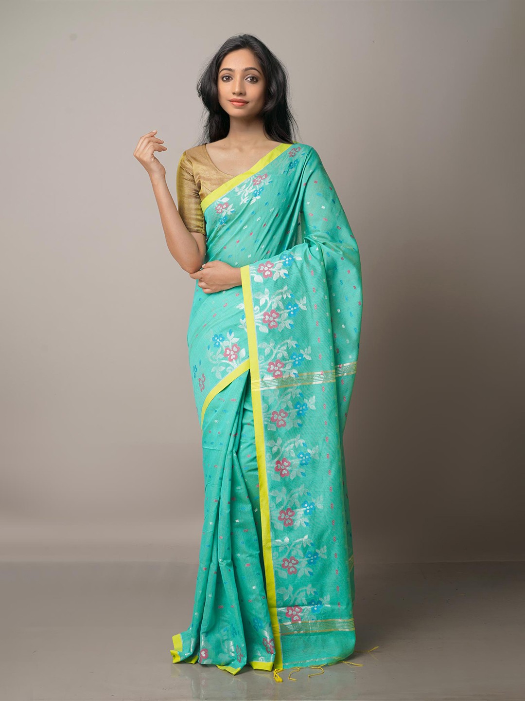 

Unnati Silks Turquoise Blue & Silver-Toned Woven Design Handloom Jamdani Saree