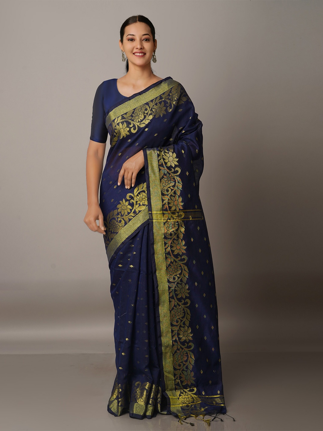 

Unnati Silks Navy Blue & Gold-Toned Woven Design Handloom Jamdani Saree