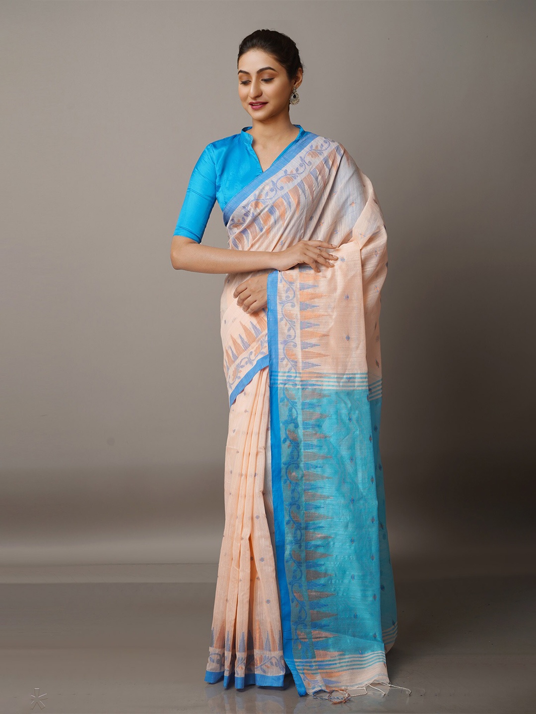 

Unnati Silks Peach-Coloured & Blue Woven Design Handloom Jamdani Saree