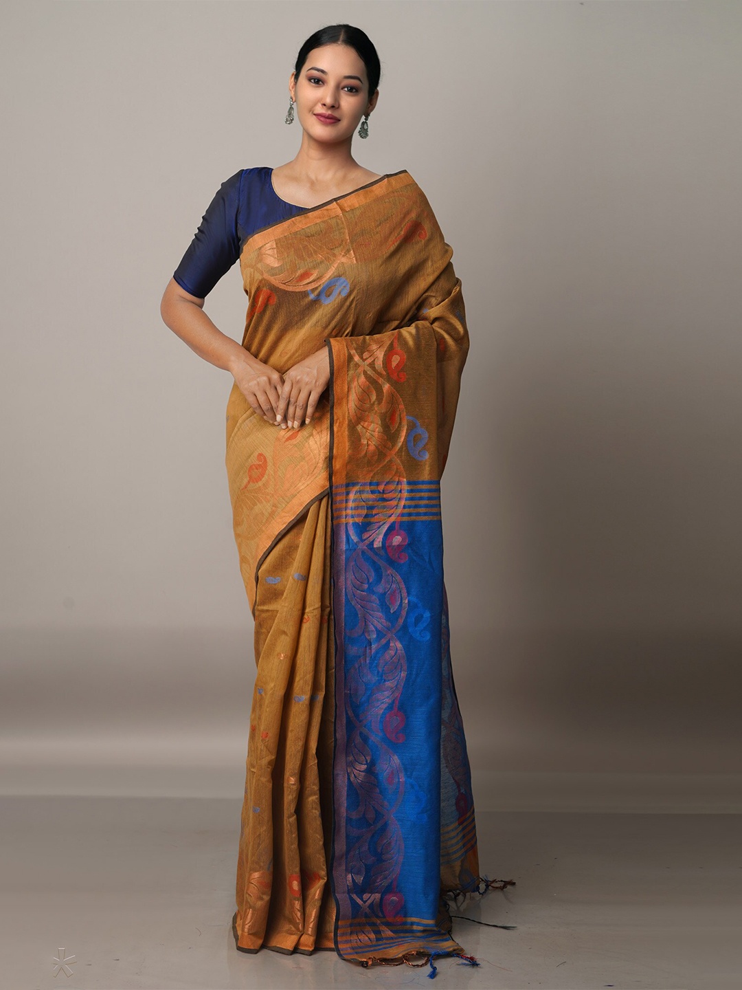 

Unnati Silks Camel Brown & Blue Woven Design Handloom Jamdani Saree