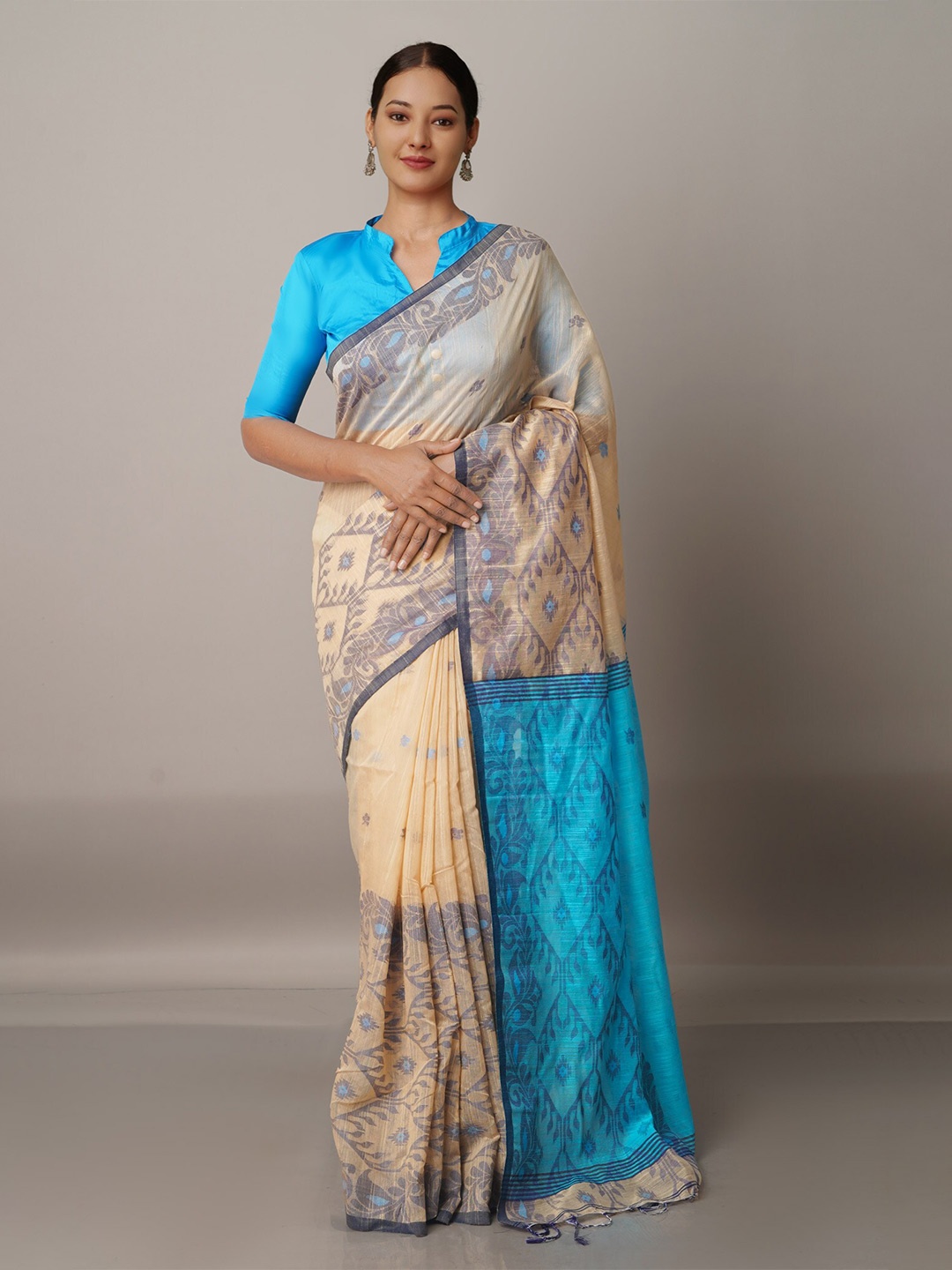 

Unnati Silks Cream-Coloured & Blue Woven Design Handloom Jamdani Saree