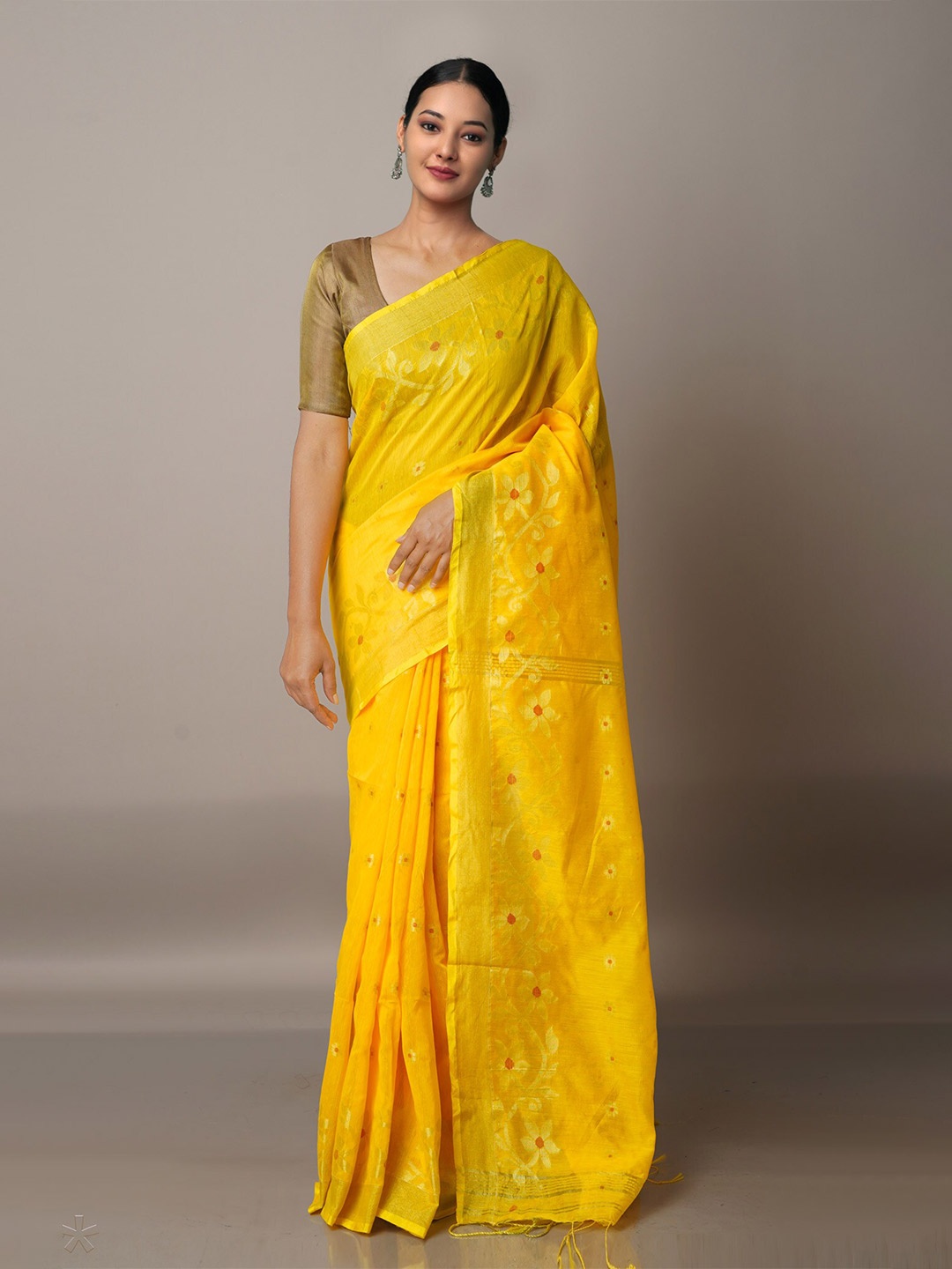 

Unnati Silks Yellow & Red Woven Design Handloom Jamdani Saree