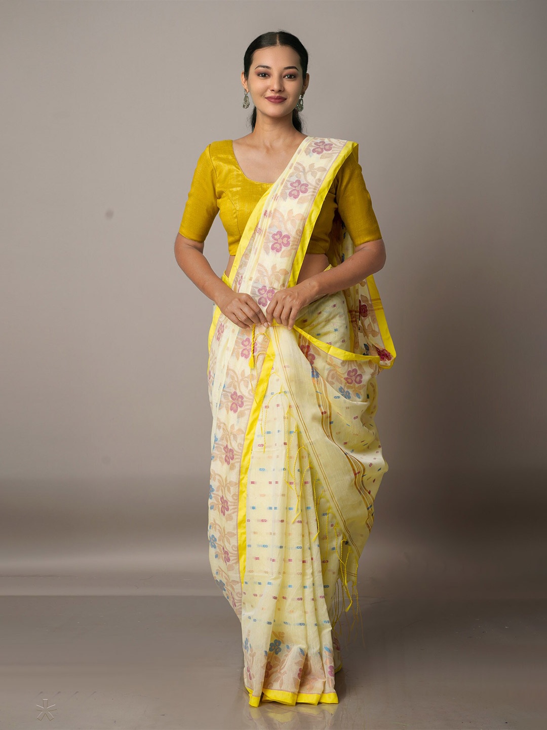 

Unnati Silks Cream-Coloured & Blue Woven Design Handloom Jamdani Saree