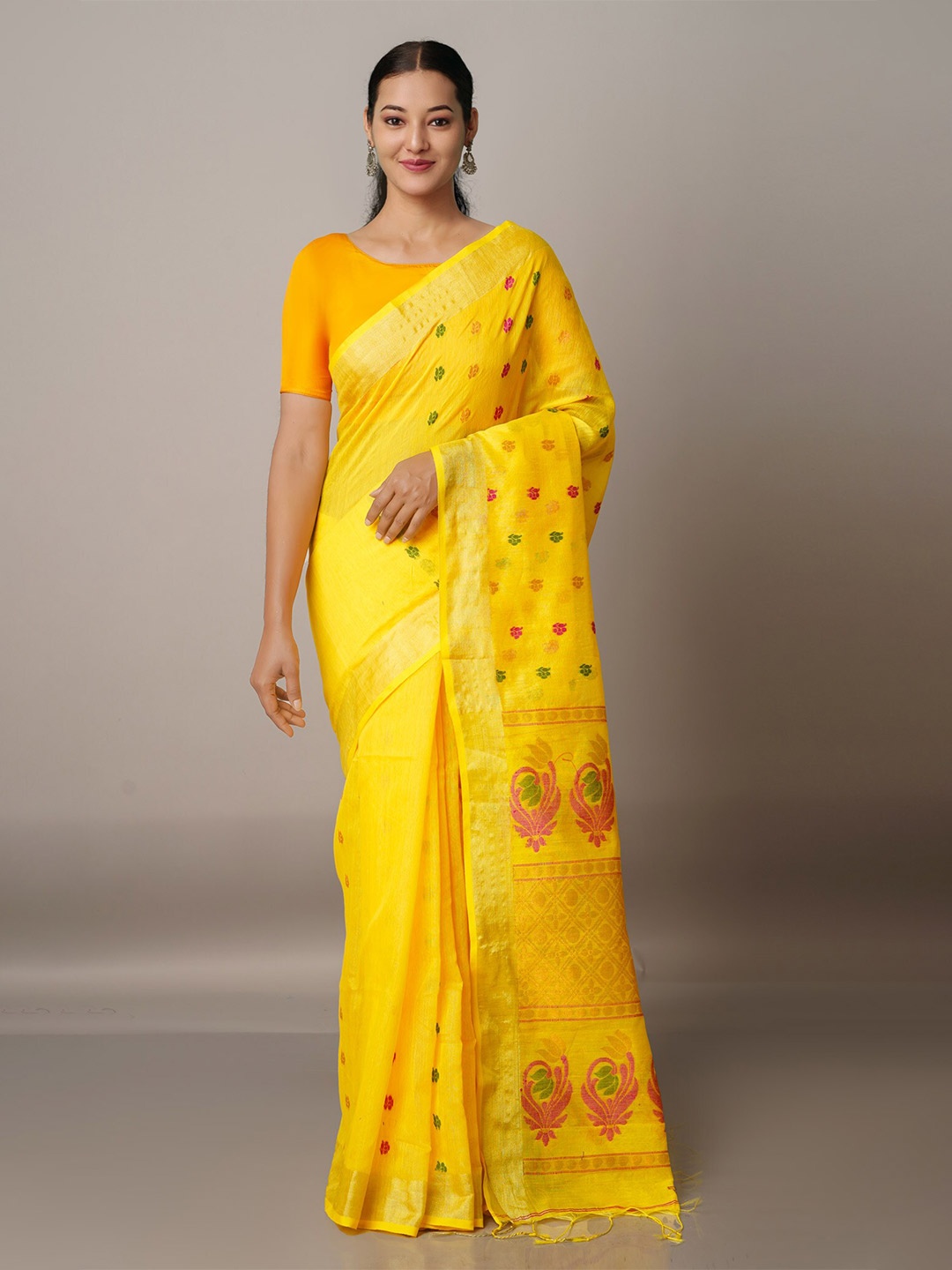 

Unnati Silks Yellow & Red Woven Design Handloom Jamdani Saree