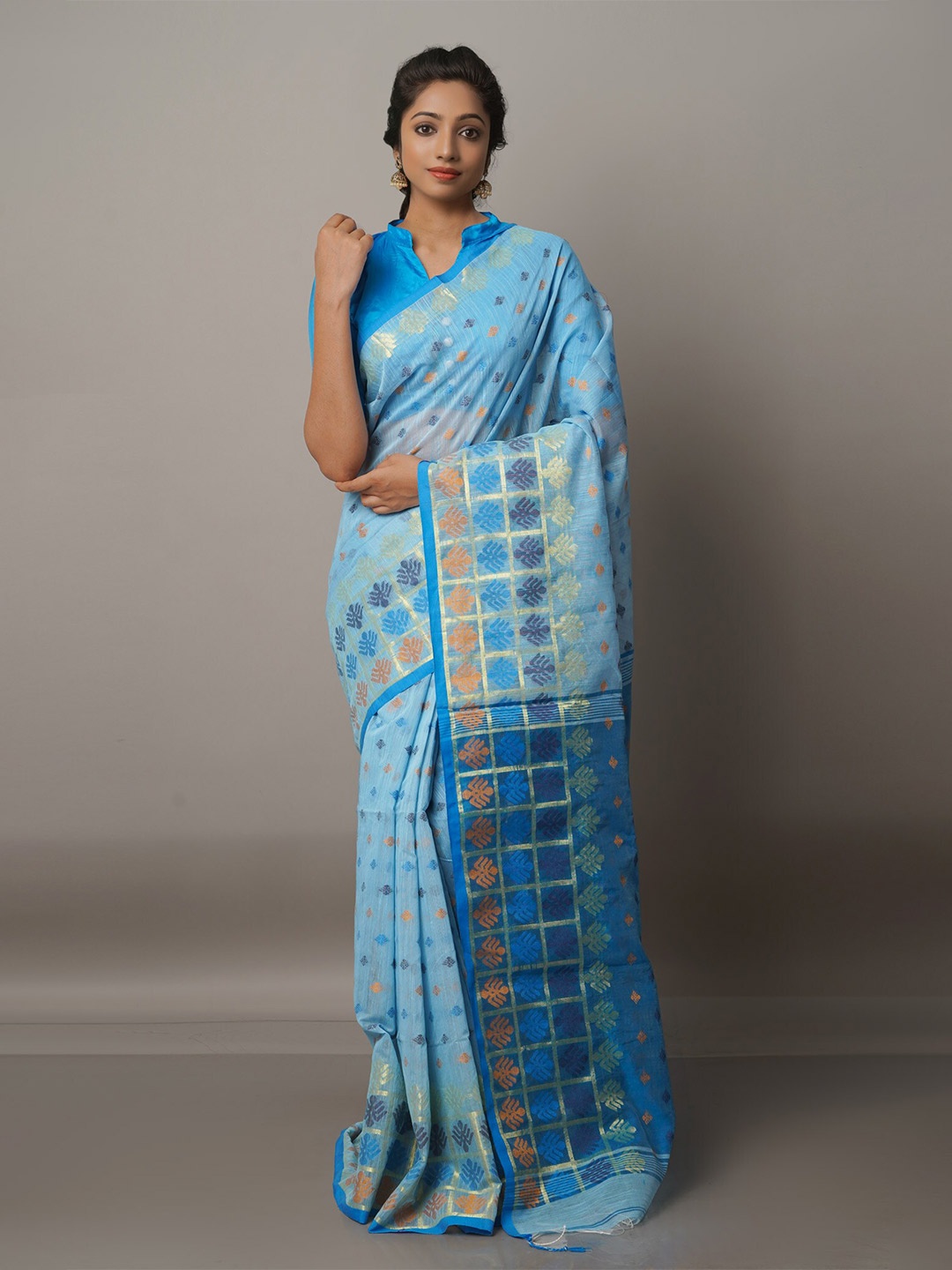 

Unnati Silks Blue Woven Design Woven Design Handloom Jamdani Saree