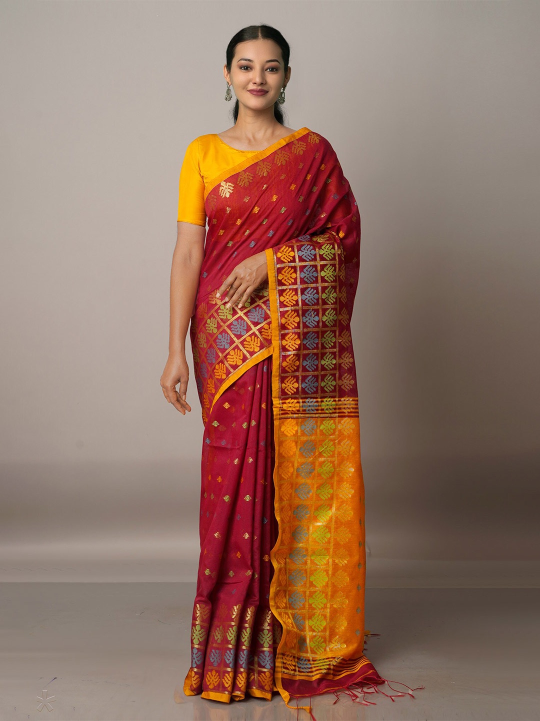 

Unnati Silks Maroon & Yellow Woven Design Zari Silk Cotton Jamdani Saree