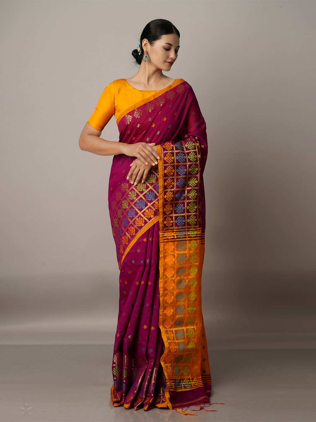 

Unnati Silks Purple & Mustard Woven Design Zari Silk Cotton Jamdani Saree