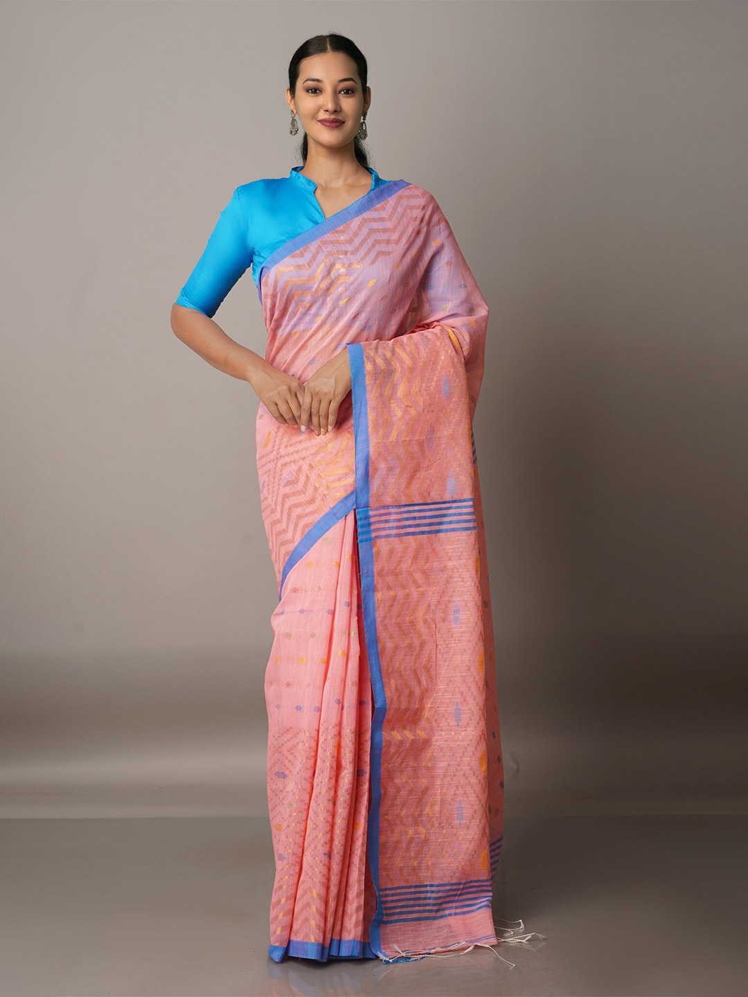 

Unnati Silks Peach-Coloured & Blue Woven Design Zari Silk Cotton Jamdani Saree