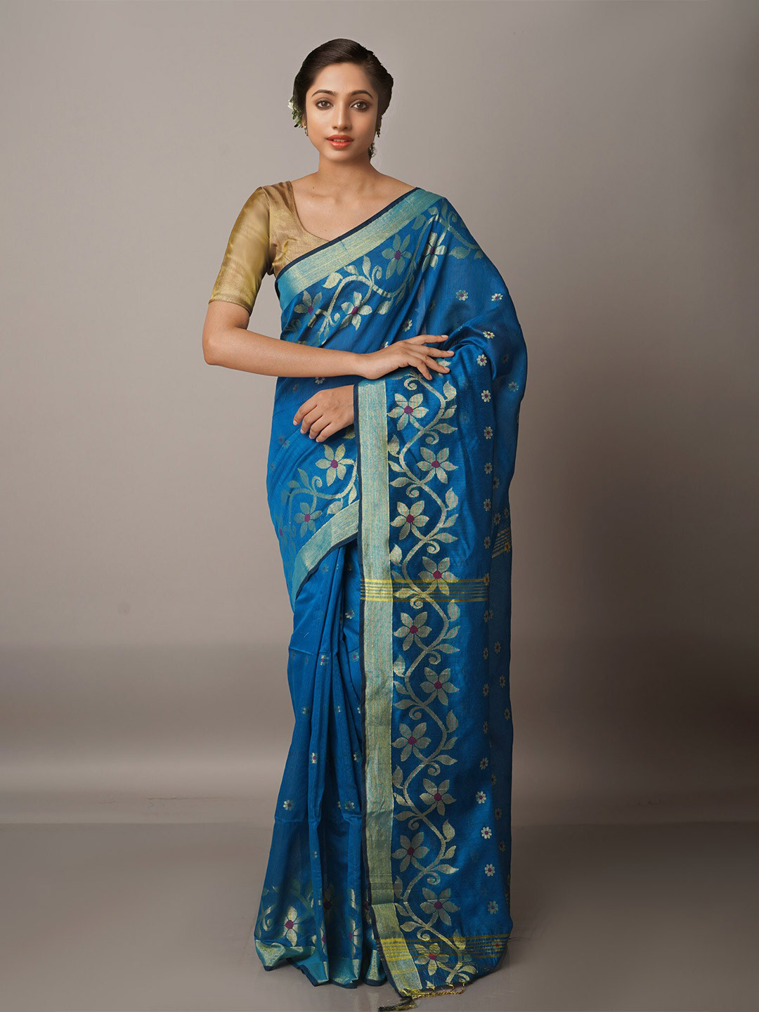 

Unnati Silks Blue & Gold-Toned Ethnic Motifs Zari Silk Cotton Jamdani Saree