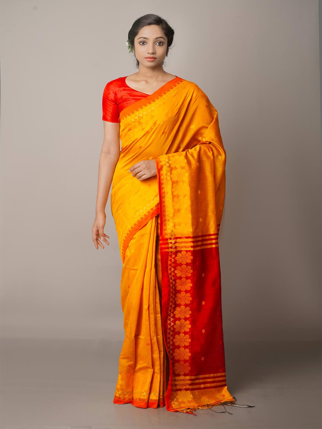 

Unnati Silks Mustard & Red Woven Design Zari Silk Cotton Jamdani Saree