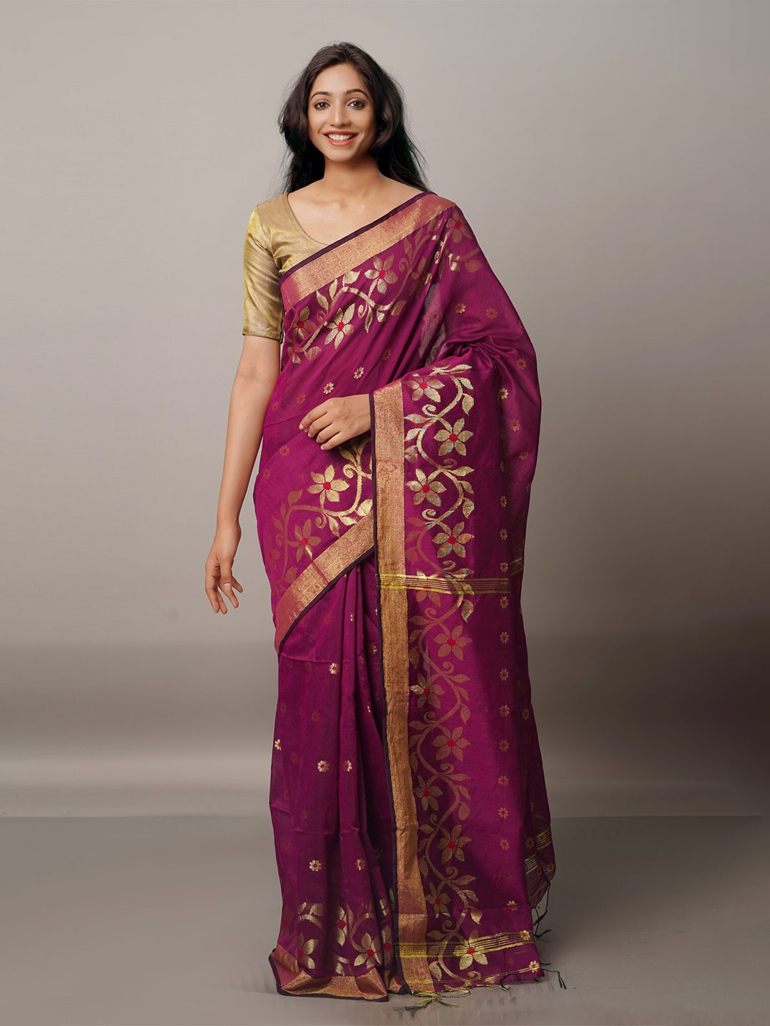 

Unnati Silks Purple & Gold-Toned Ethnic Motifs Zari Silk Cotton Jamdani Saree