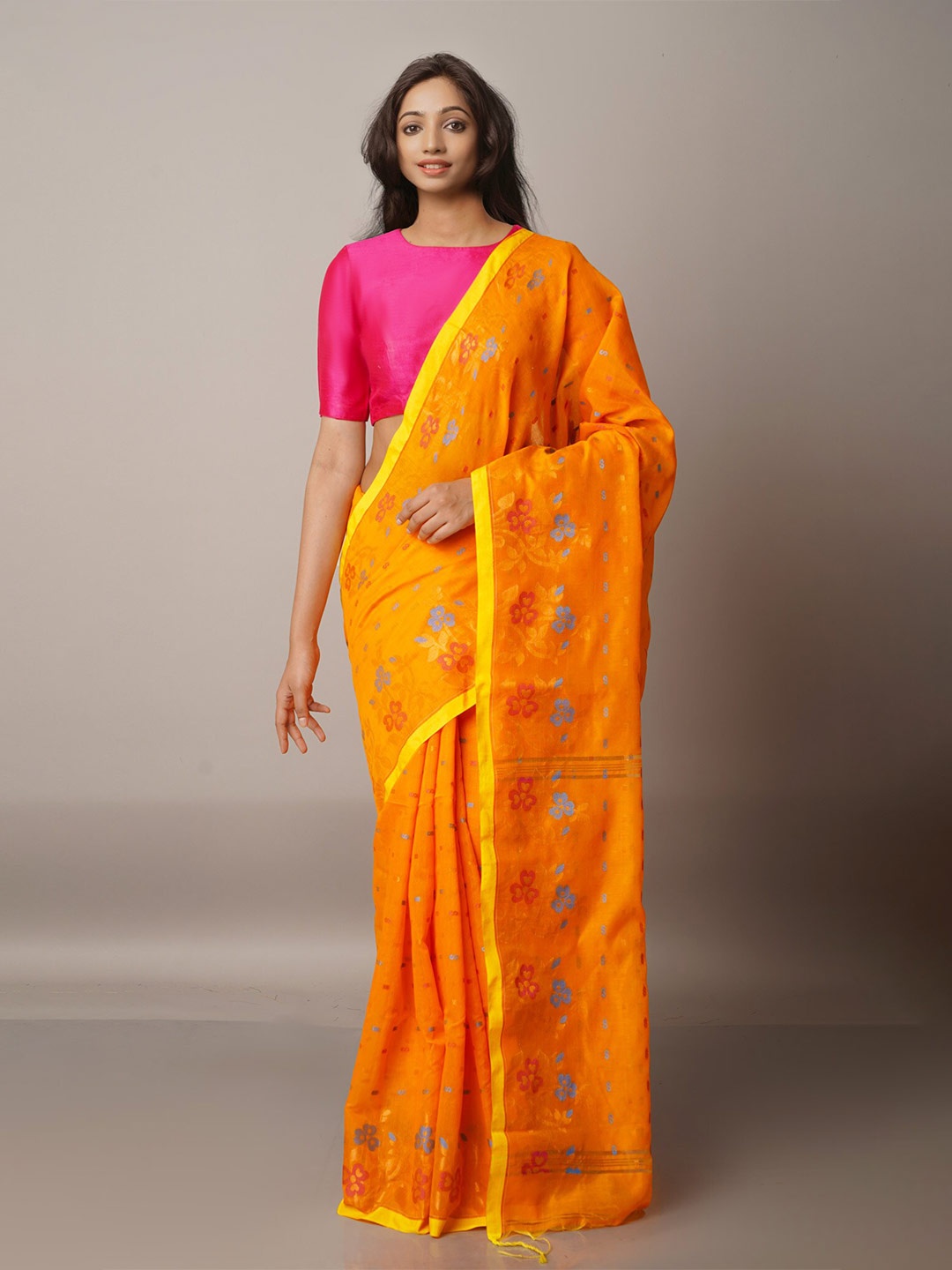 

Unnati Silks Orange & Yellow Woven Design Zari Silk Cotton Jamdani Saree