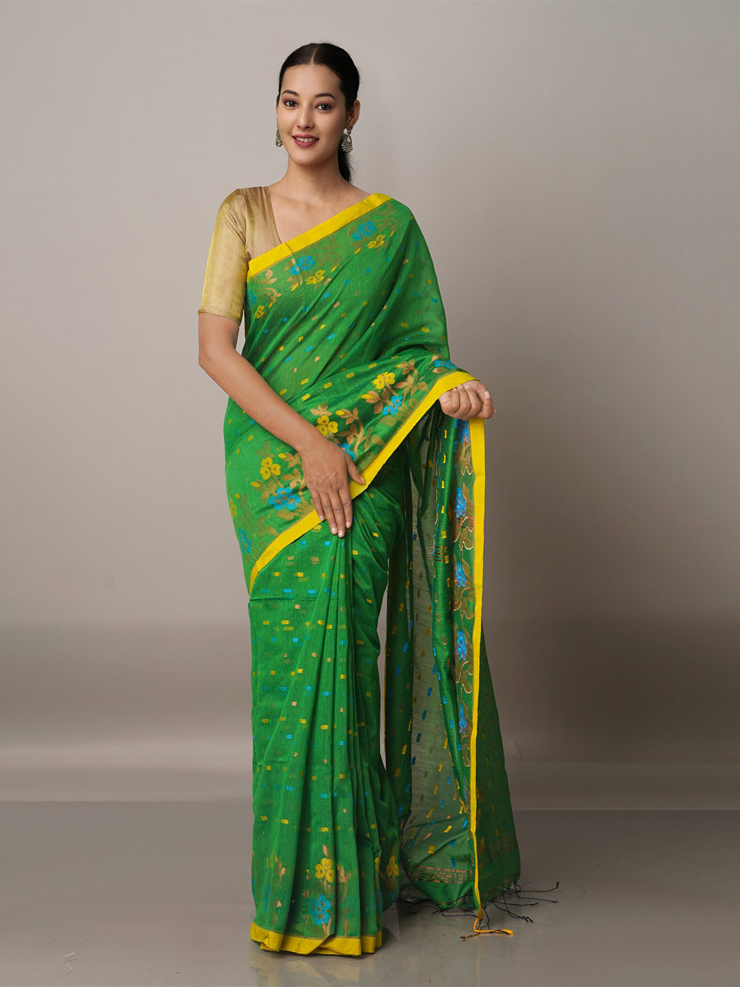 

Unnati Silks Green & Yellow Woven Design Zari Silk Cotton Jamdani Saree