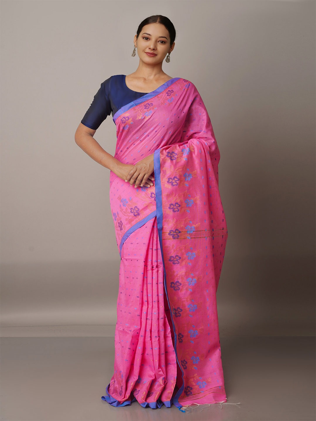 

Unnati Silks Pink & Blue Woven Design Silk Cotton Jamdani Saree