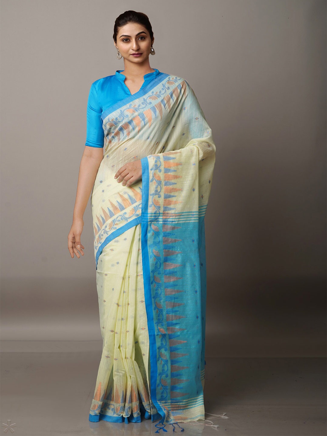 

Unnati Silks Green & Blue Woven Design Zari Silk Cotton Jamdani Saree