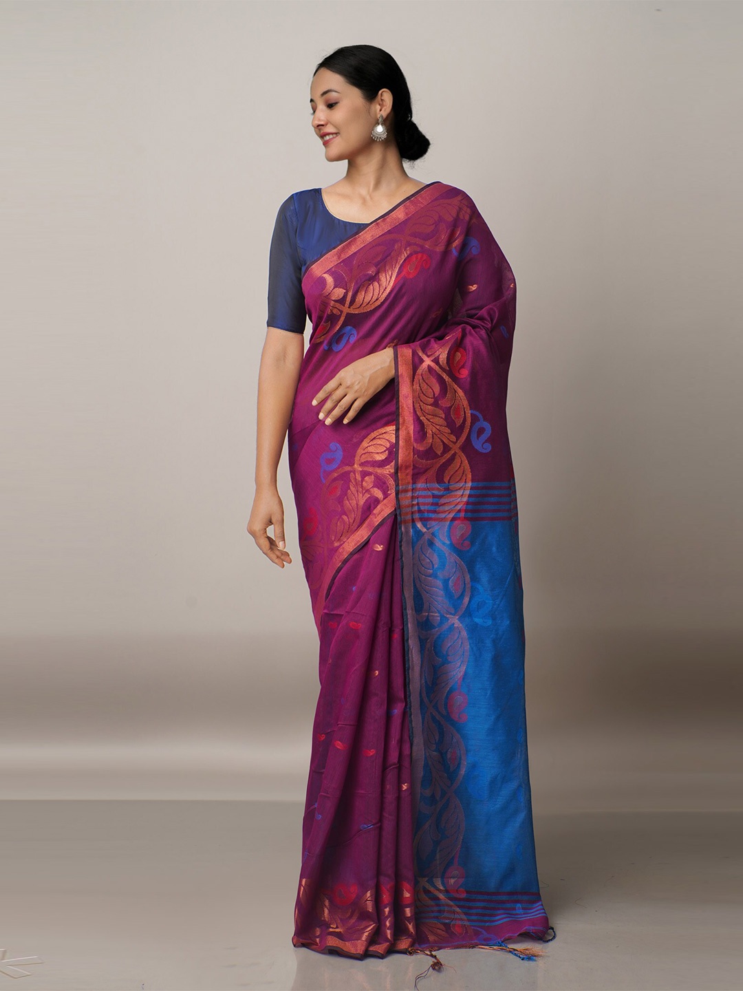 

Unnati Silks Purple & Blue Ethnic Motifs Zari Silk Cotton Handloom Jamdani Saree