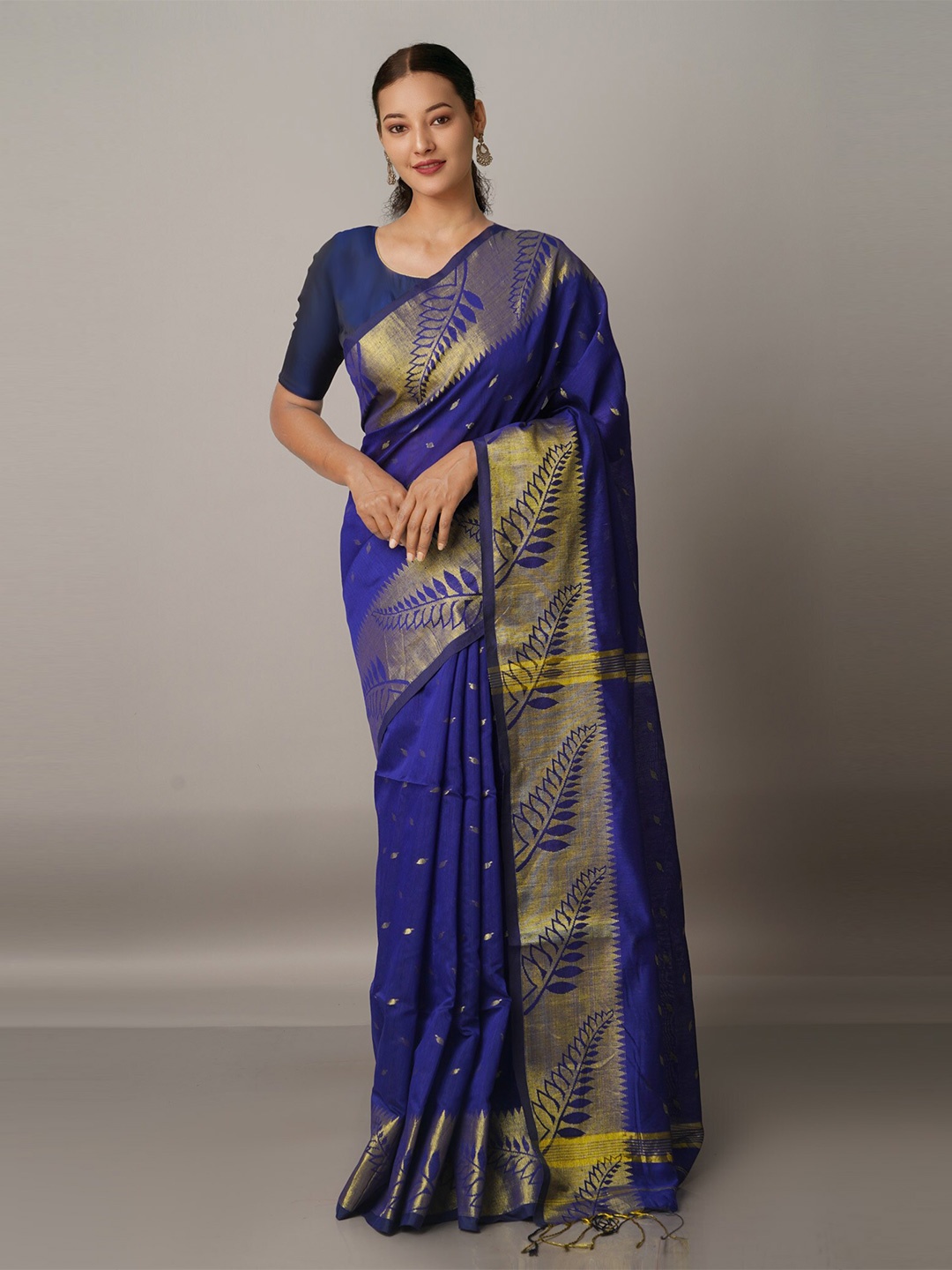 

Unnati Silks Blue & Gold-Toned Ethnic Motifs Zari Silk Cotton Handloom Jamdani Saree