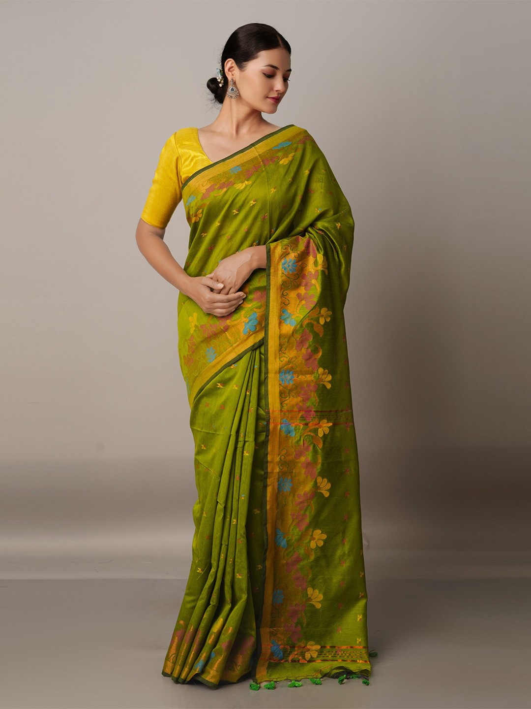 

Unnati Silks Olive Green & Pink Ethnic Motifs Silk Cotton Jamdani Saree