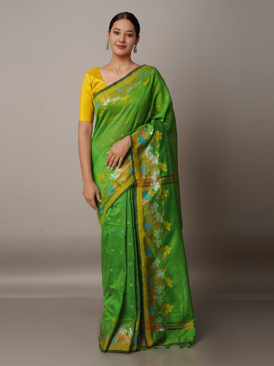 

Unnati Silks Green & Blue Ethnic Motifs Silk Cotton Jamdani Saree