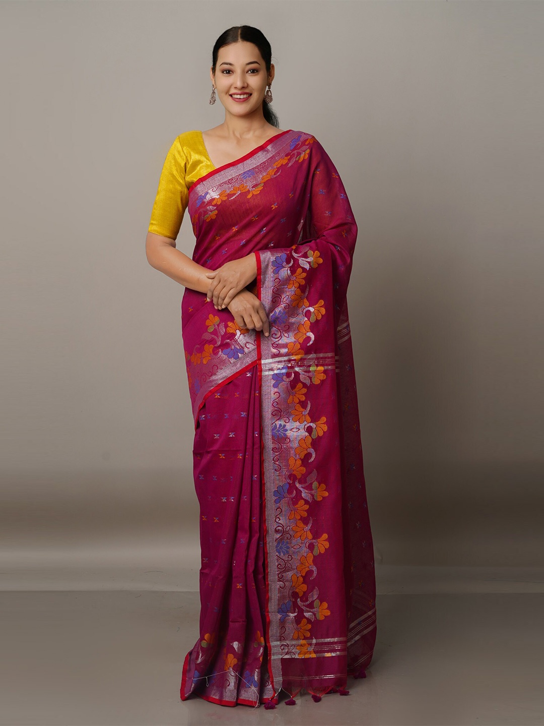 

Unnati Silks Purple & Red Ethnic Motifs Silk Cotton Jamdani Saree