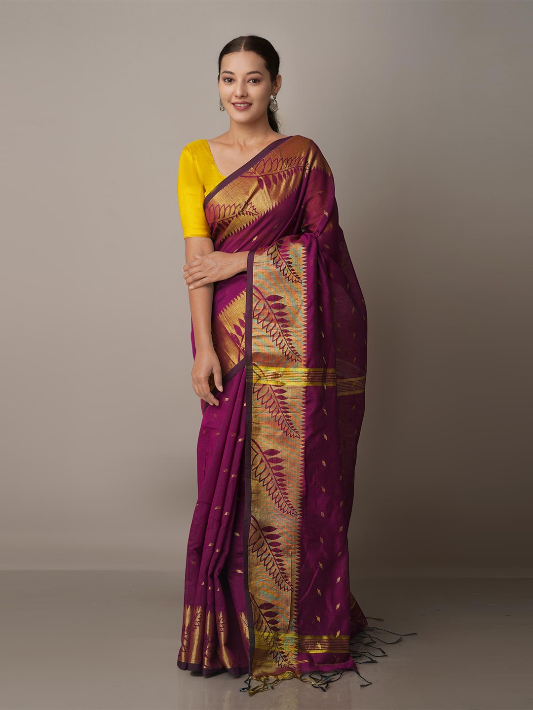 

Unnati Silks Purple & Orange Woven Design Zari Silk Cotton Jamdani Saree