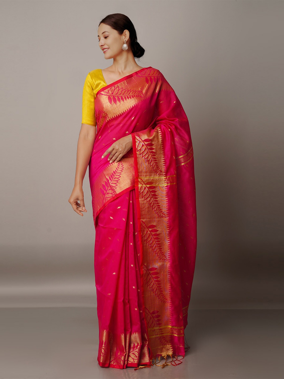 

Unnati Silks Red & Gold-Toned Woven Design Zari Silk Cotton Jamdani Saree